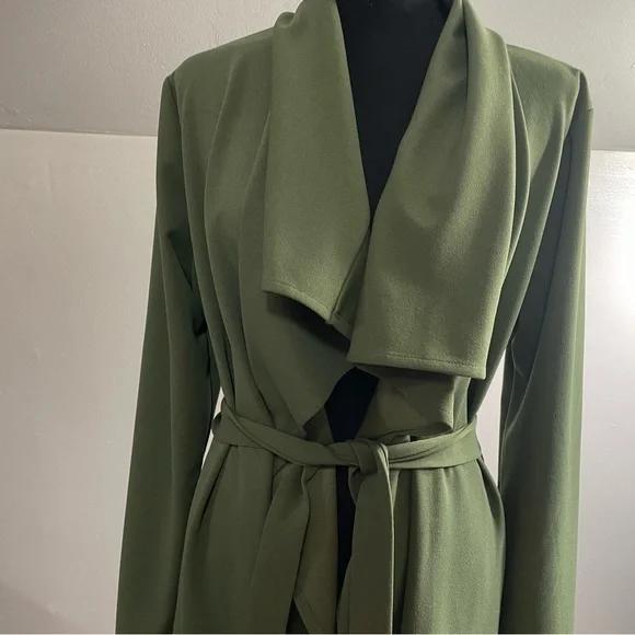 Olive Green Open Front Trench Coat - Picture 2 of 6